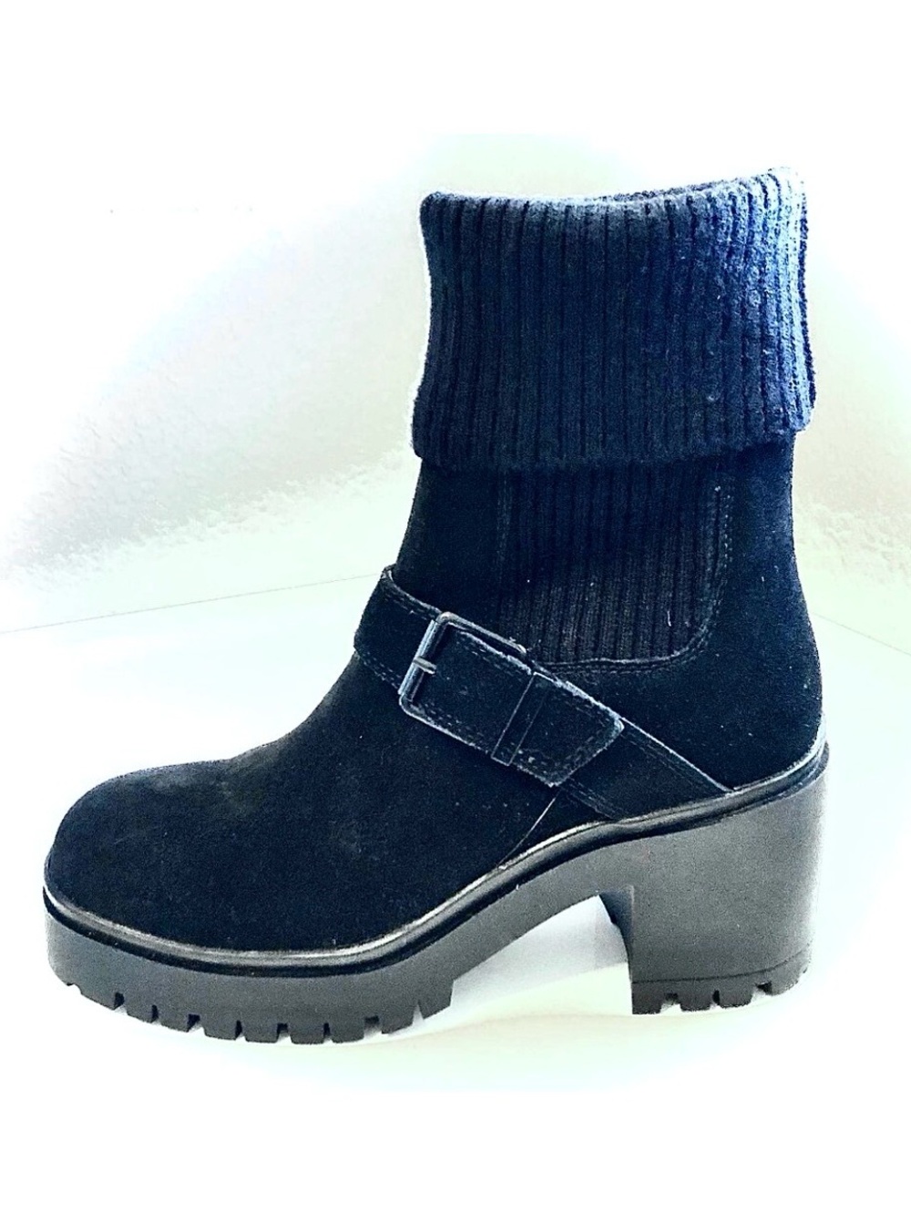 BLONDO Remi Waterproof Blk Suede Knit Cuff Platform Booties Block Heel 6.5 NWT